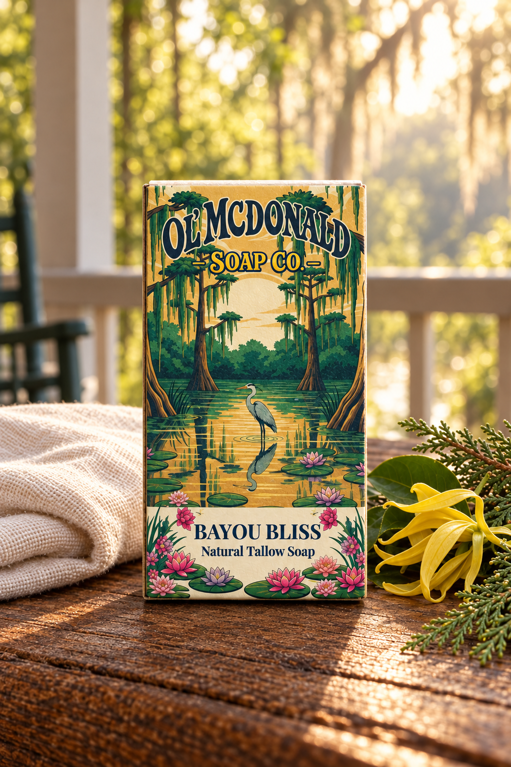 Bayou Bliss soap box on a sunlit porch table with bayou-inspired botanicals