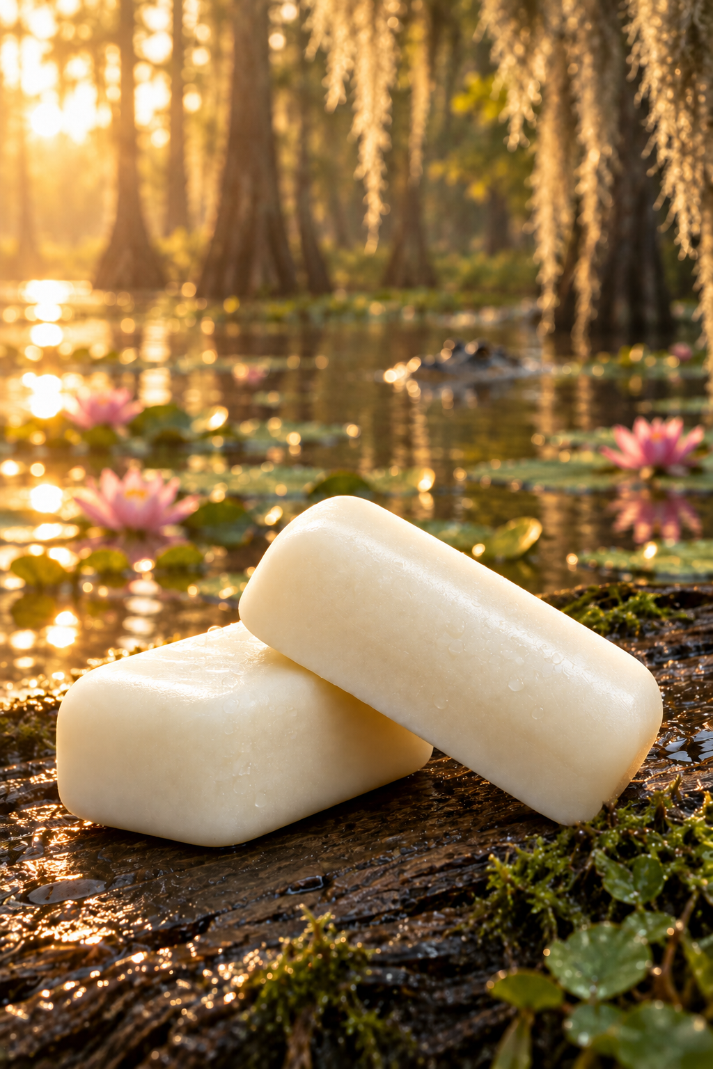 Bayou Bliss bars arranged on cypress wood with a distant gator