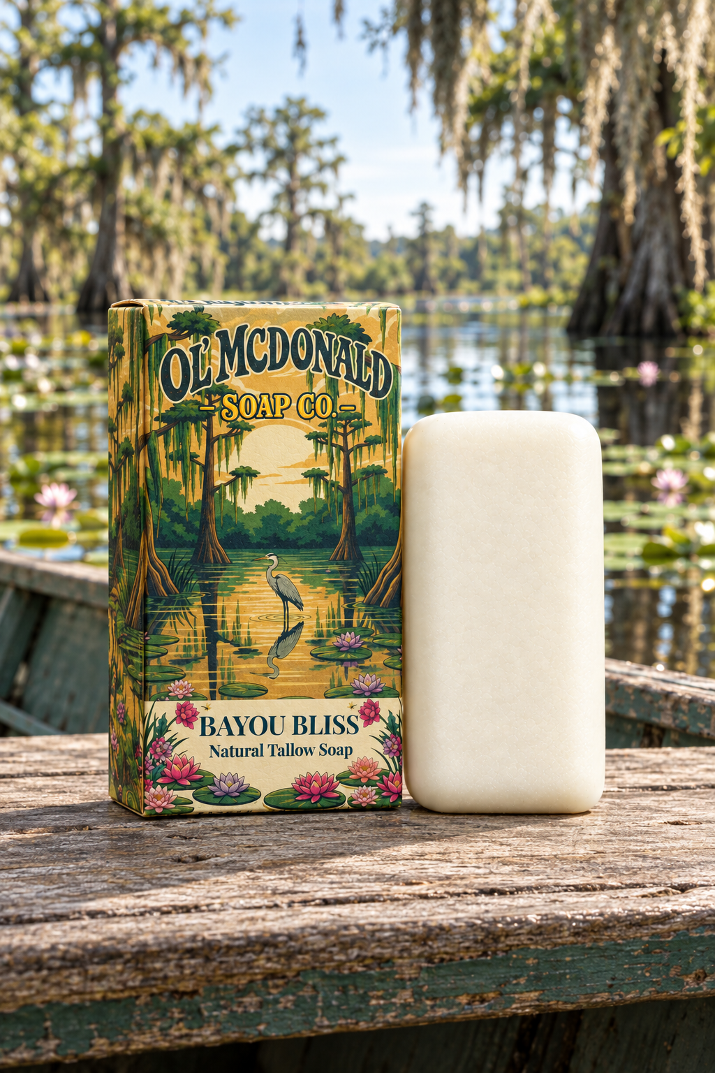 Bayou Bliss box and taller white soap bar on a bayou skiff