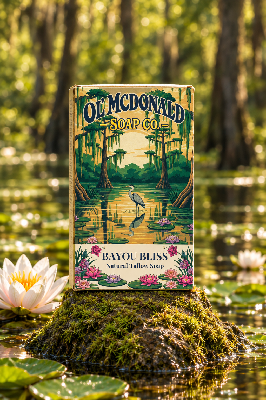 Bayou Bliss soap box among lily pads in a sunlit Louisiana bayou