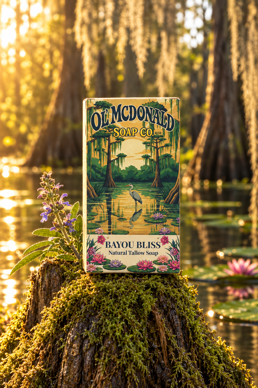 Bayou Bliss soap box on a mossy cypress knee beside reflective bayou water