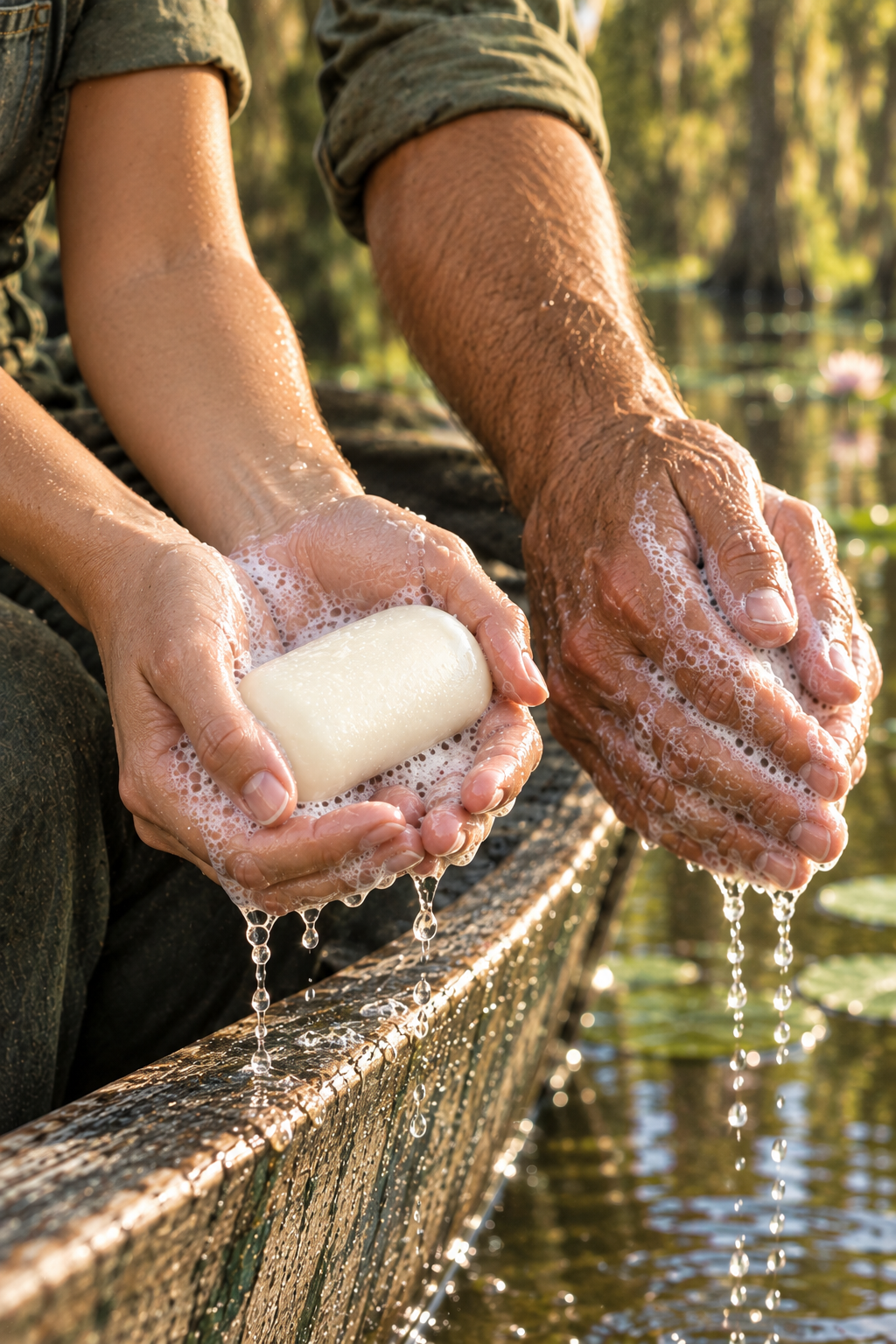 Close-up of two people using Bayou Bliss soap on a bayou boat
