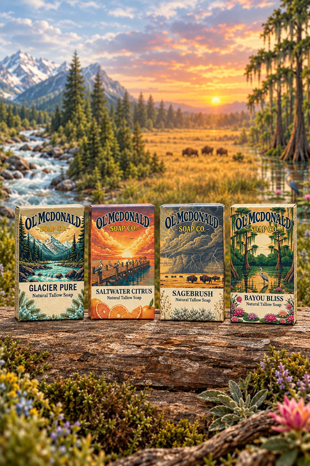 Four soap boxes against a blended landscape
