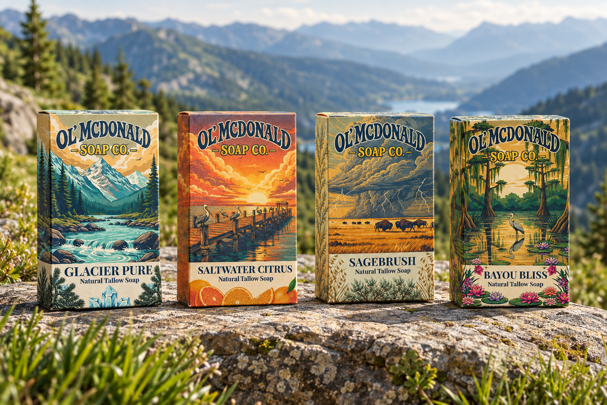 Four soap boxes at a green mountain overlook