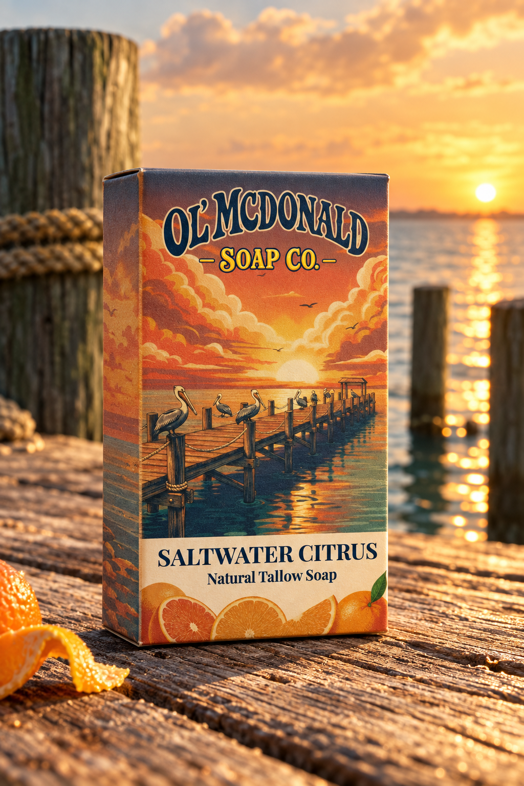 Saltwater Citrus tallow soap box standing on a weathered Gulf Coast dock at golden hour