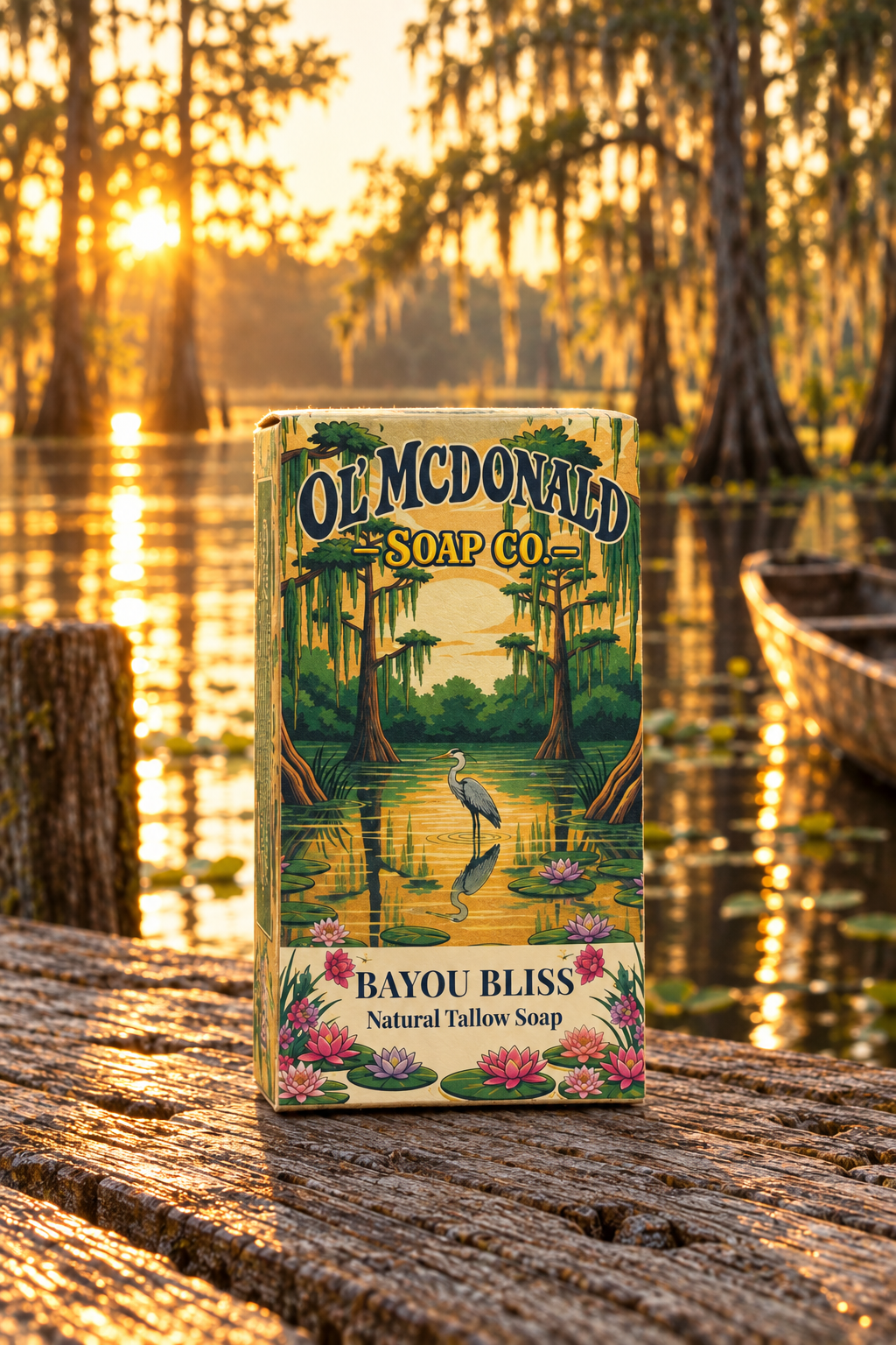  cost effective tallow soap. Bayou Bliss soap box on a weathered bayou dock at golden hour.