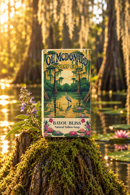 Bayou Bliss soap box on a mossy cypress knee beside reflective bayou water