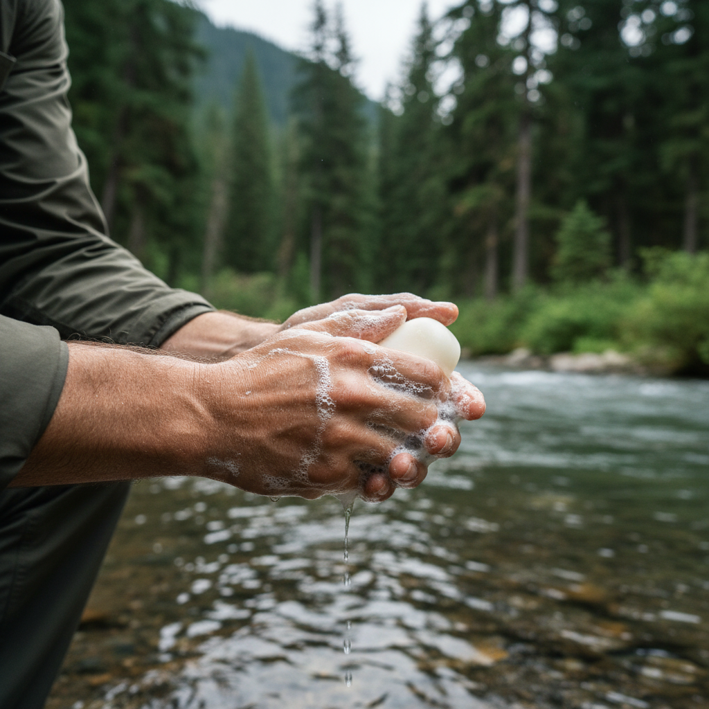 Rugged hands lathering Glacier Pure tallow soap bar at a mountain stream in the Pacific Northwest