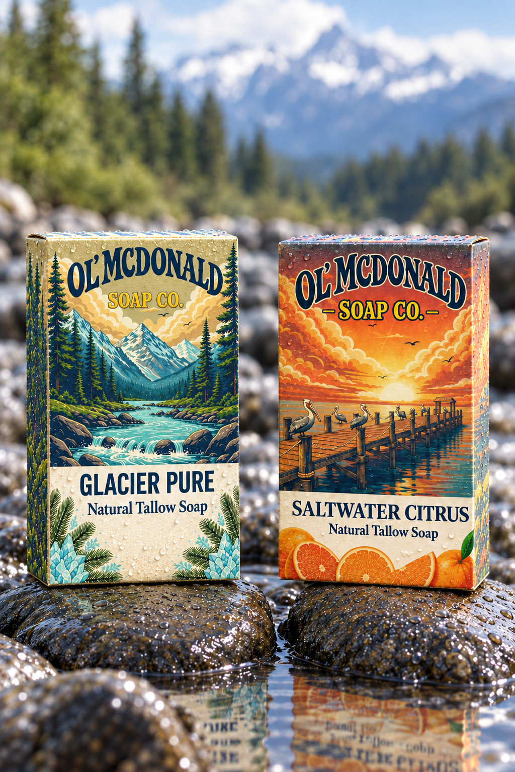 Glacier Pure and Saltwater Citrus soap bundle standing separately on wet river rocks
