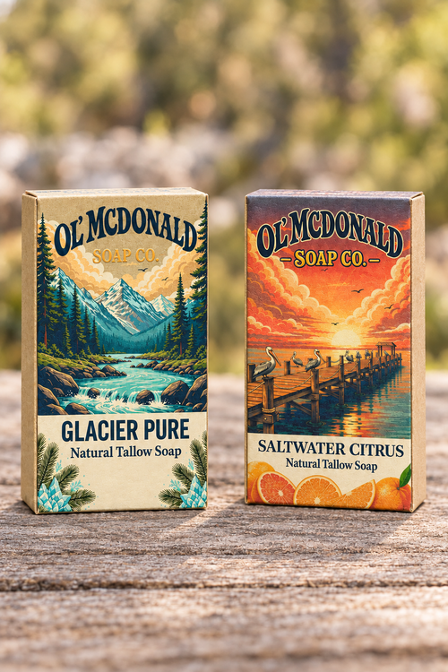Glacier Pure and Saltwater Citrus soap bundle standing separately on weathered wood
