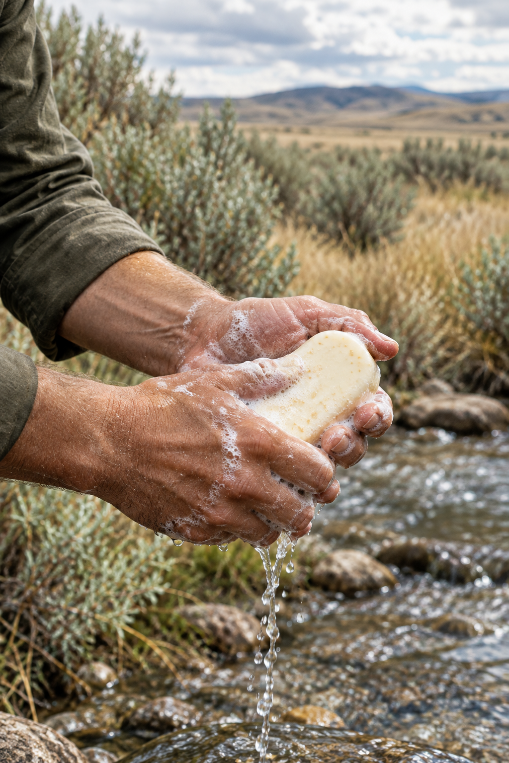 Sagebrush soap being used outdoors beside a high-plains creek