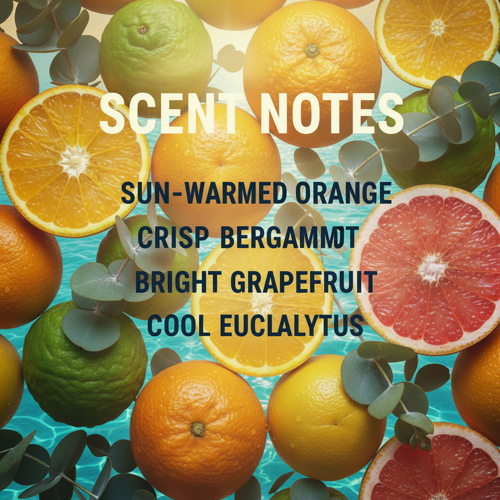 Saltwater Citrus scent-notes graphic with bright turquoise coastal water