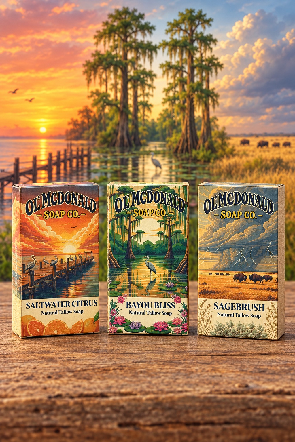 Three soap boxes against a blended landscape